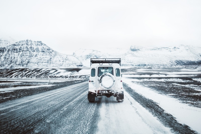 Rental vehicle wearing winter tires in Iceland