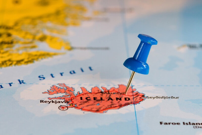 Iceland pinned on a map