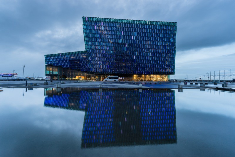 view of the facade of the Harpa concert hall