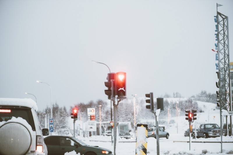 Heart shaped traffic lights in Iceland in plain winter
