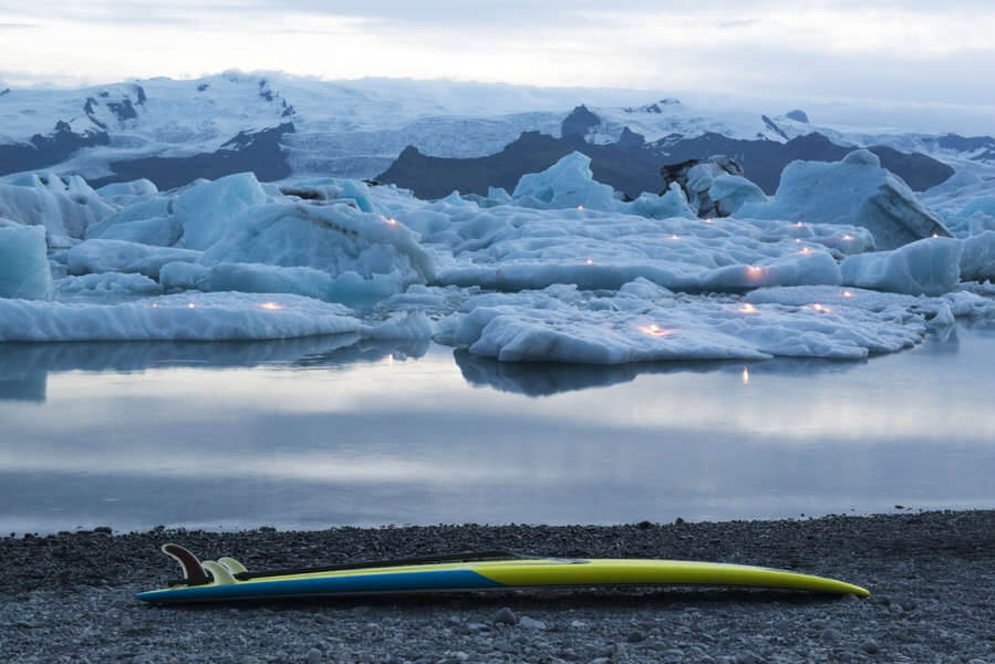 board by the icebergs for surfing in Iceland