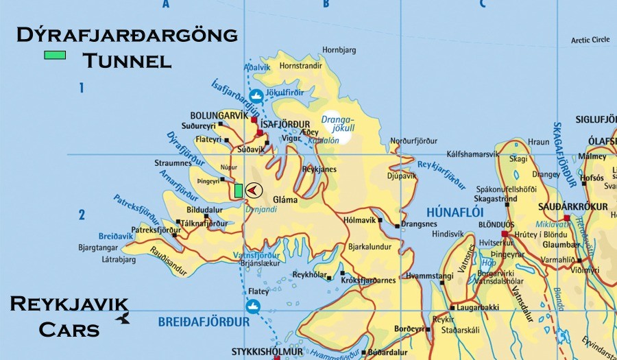map with the dyranfjardargong tunnel highlighted
