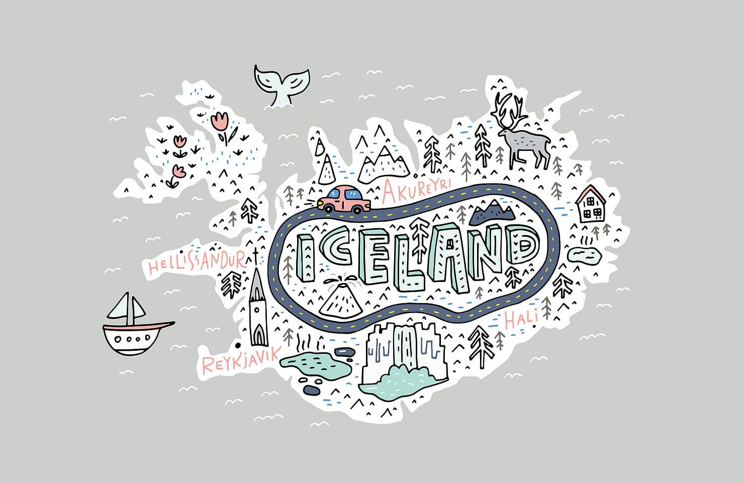 map of iceland with fun spots and cartoon images