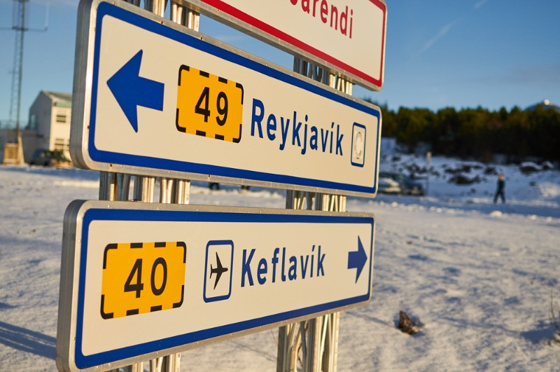 Road sign for Keflavik and Reykjavik city Keflavik shuttle covers this route daily