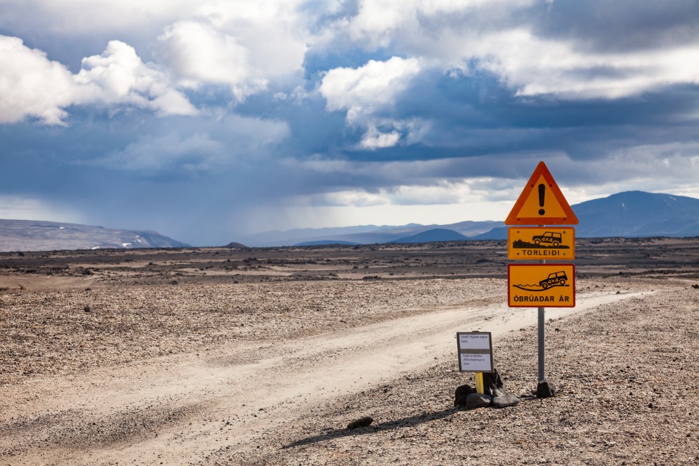 Iceland road sign informing of tough terrain ahead