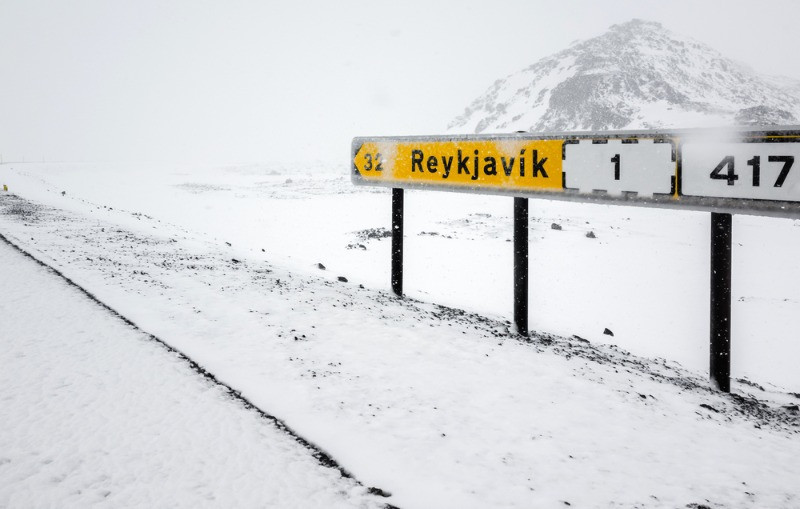 Road sign for Reykjavik on road one or Ring Road in Iceland