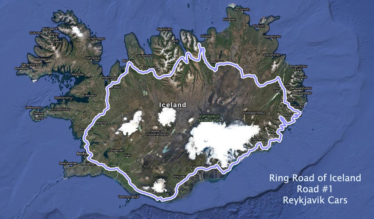 Map of Iceland highlighting the Ring road route