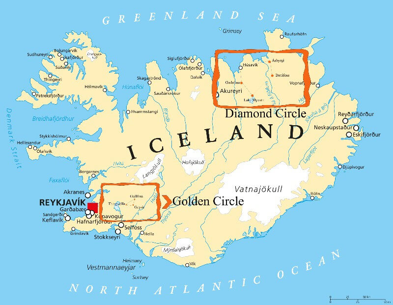 golden circle vs diamond circle map of Iceland with locations