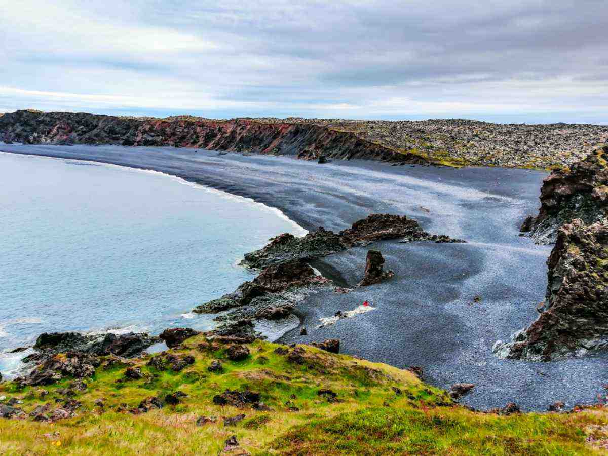 aerial view of Djúpalónssandur Beach on cloudy day
