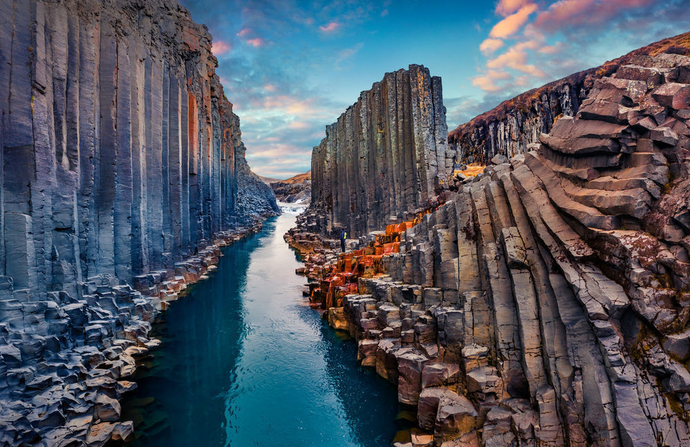 Beautiful basalt columns formations in studlagil canyon