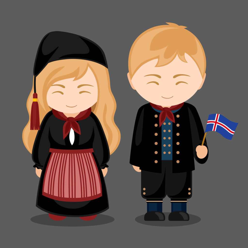 Cartoon of two icelanders dressed in traditional clothes as a representation of the Huldufolk