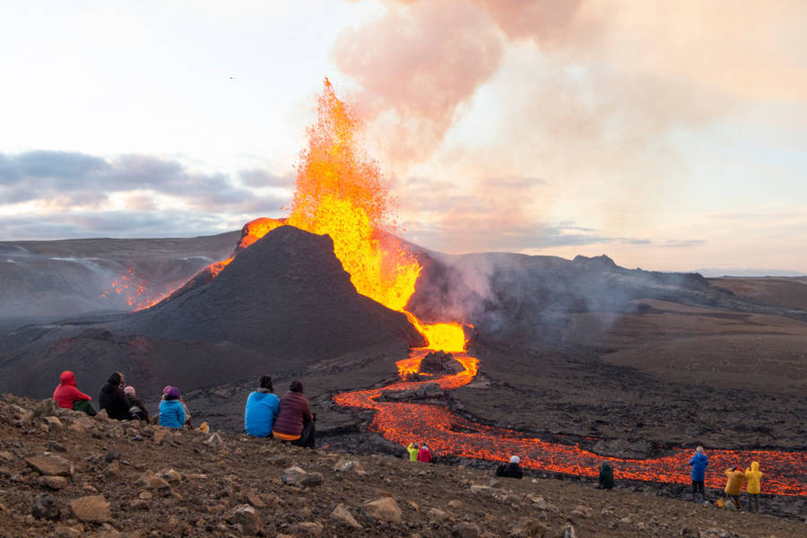 Tourists visiting the volcano eruption site in Iceland