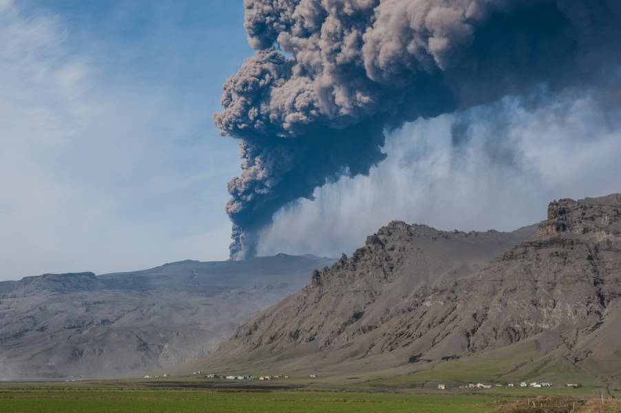 Eyjafjallajokull volcano spitting ashes into the air