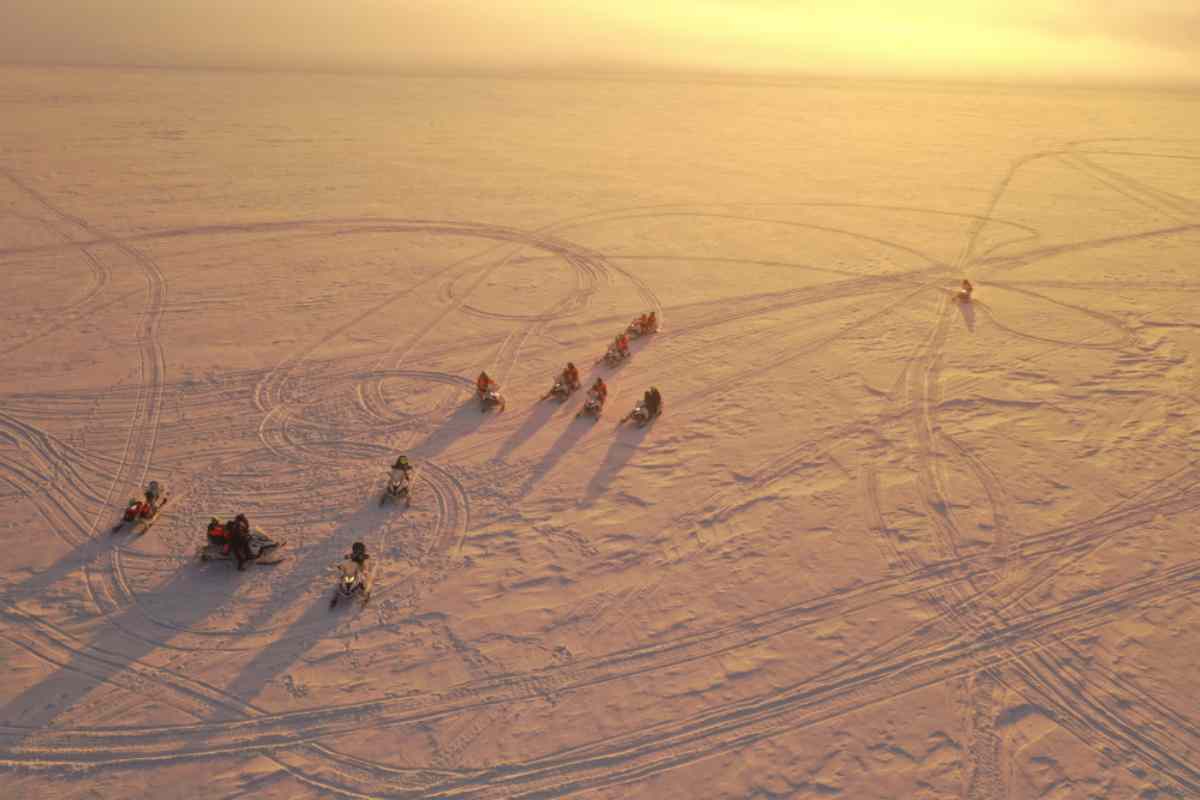 Group of snowmobiles in the plains of akureyri
