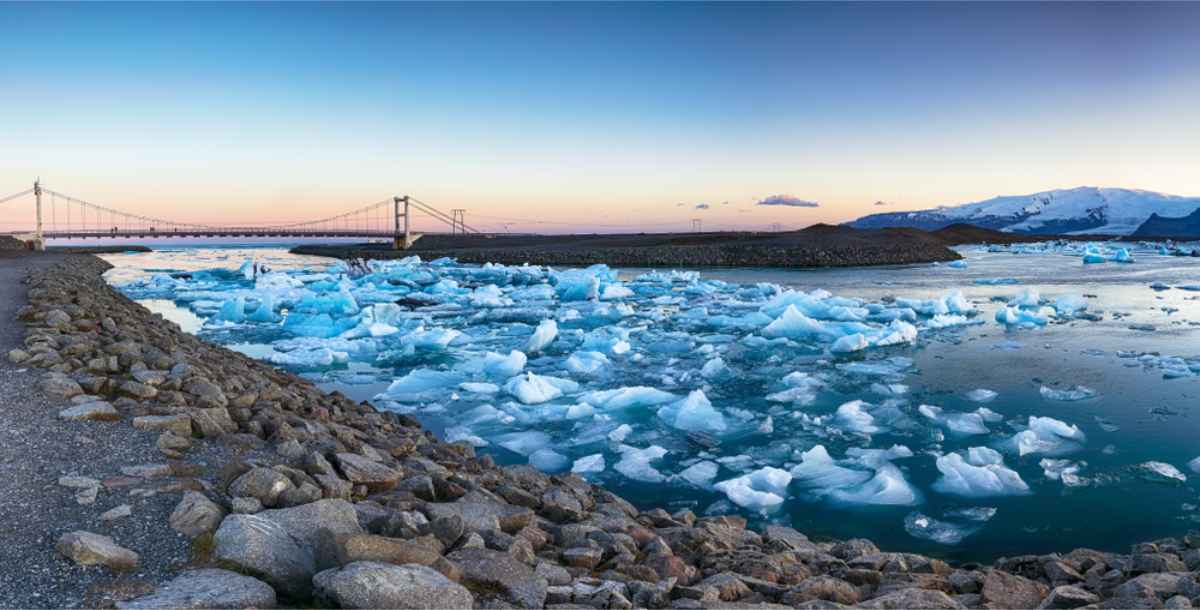 Bridge crossing Jokulsarlon glacier lake in south Iceland