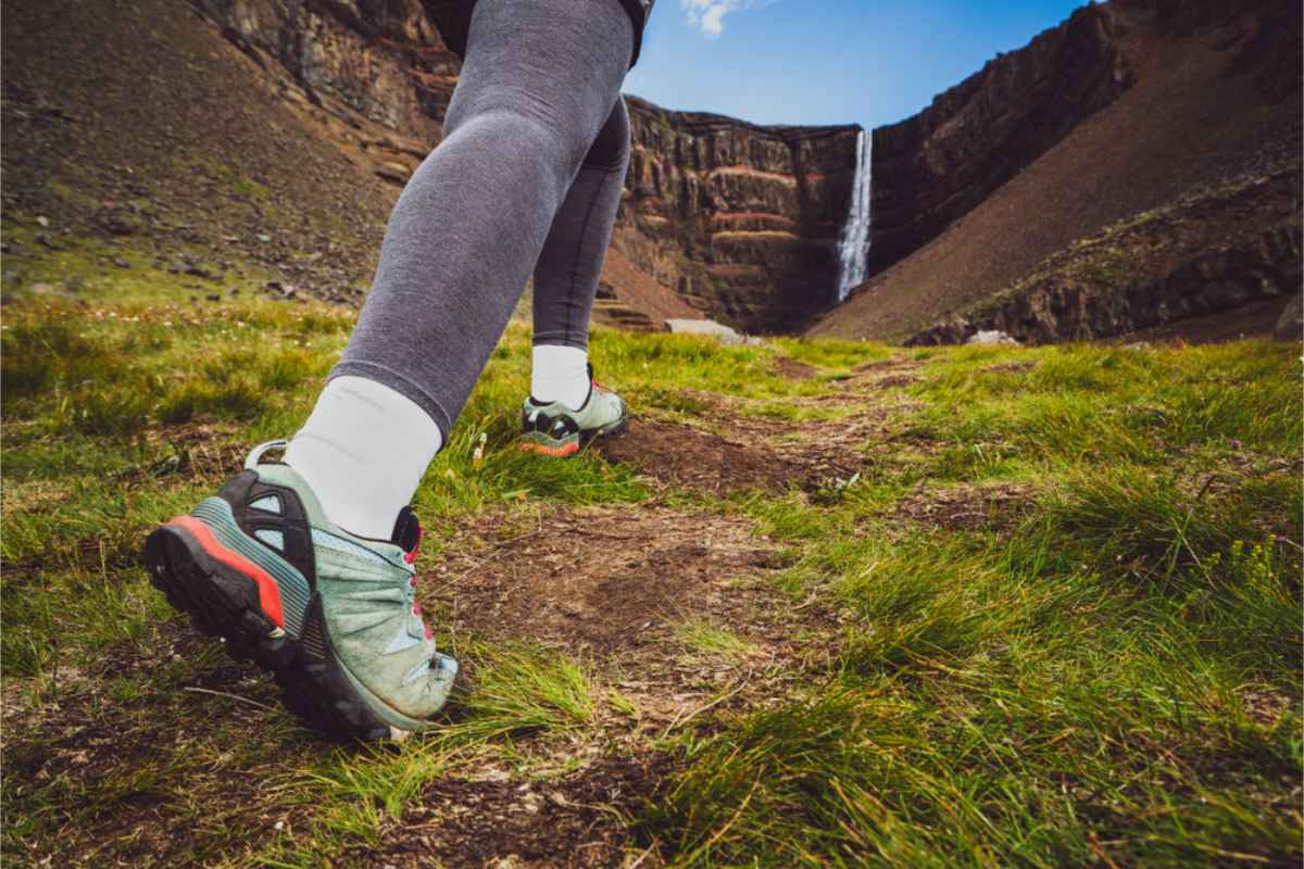 Woman wearing the right hiking boots to visit Haifoss