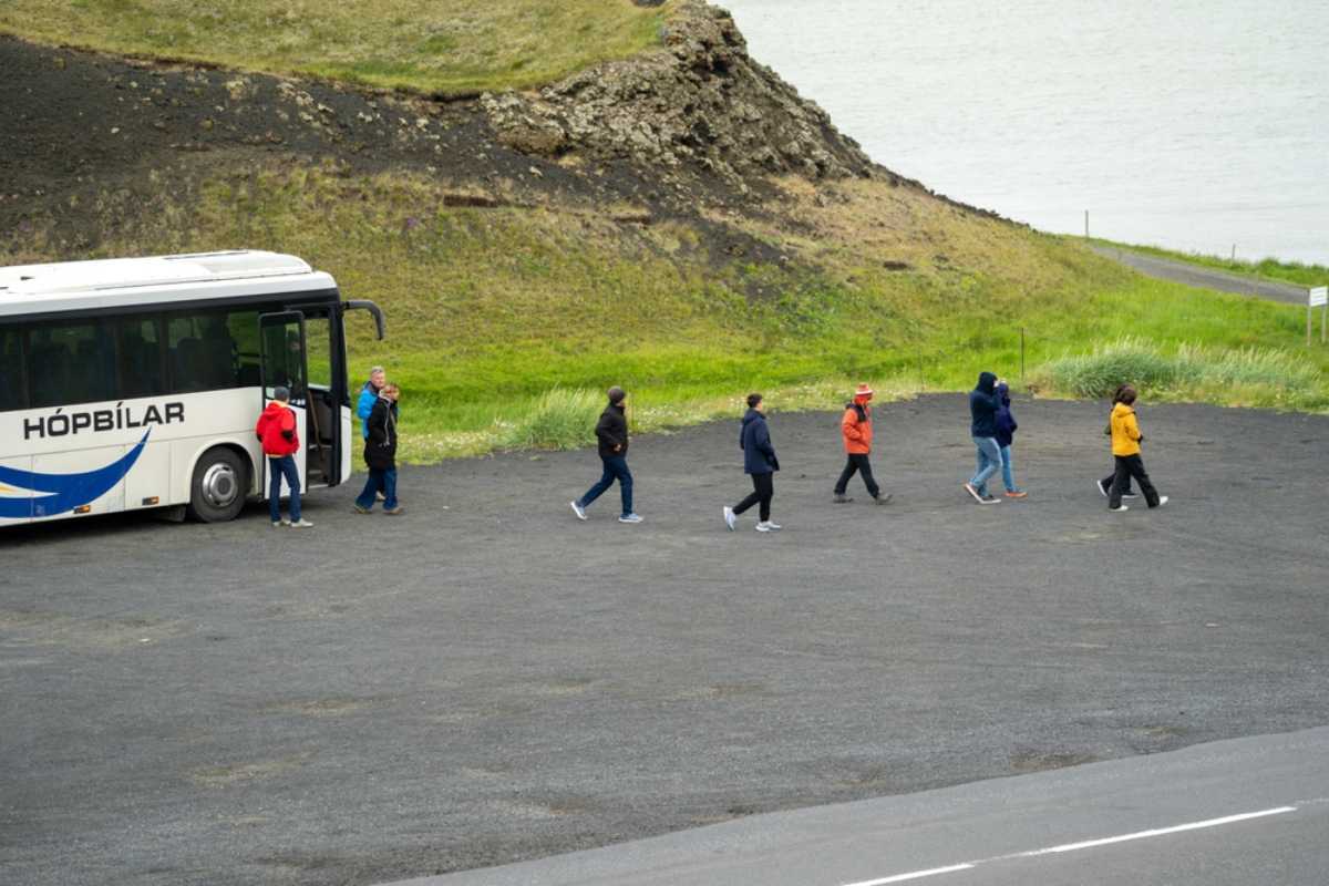 Excursión en autobús en Islandia Turistas alejándose de un autobús en una parada junto a la carretera en Islandia, junto a colinas cubiertas de hierba y terreno rocoso