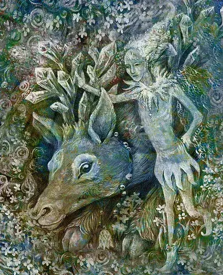 Representaci&oacute;n de un elfo con un reno como se describe en la mitolog&iacute;a n&oacute;rdica