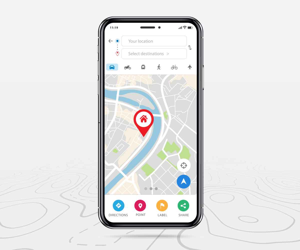 Application de navigation sur smartphone avec marqueur de position - Planification d'itinéraire et suivi de destination Un smartphone affichant une application de navigation avec une carte et un marqueur de position rouge indiquant une destination près d'une rivière, avec des options d'itinéraire pour différents modes de transport.