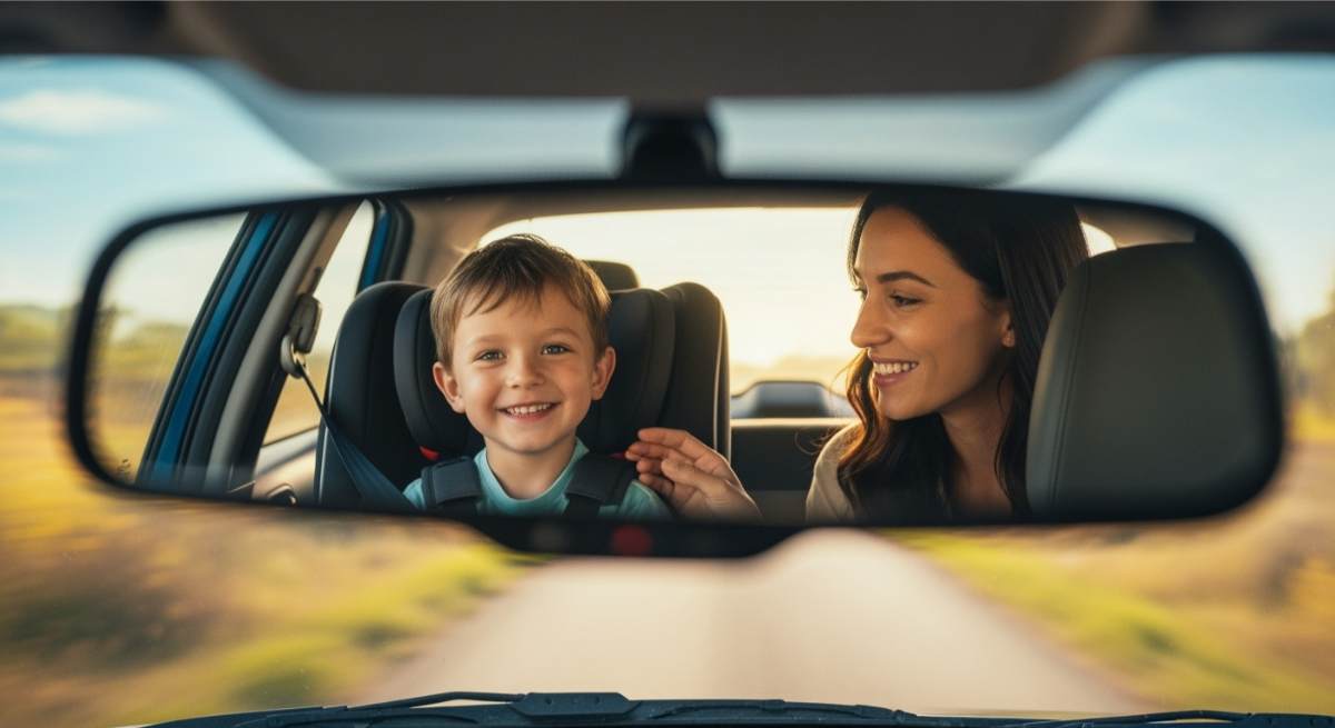 Un bambino e sua madre visti nello specchietto retrovisore di un’auto a noleggio
