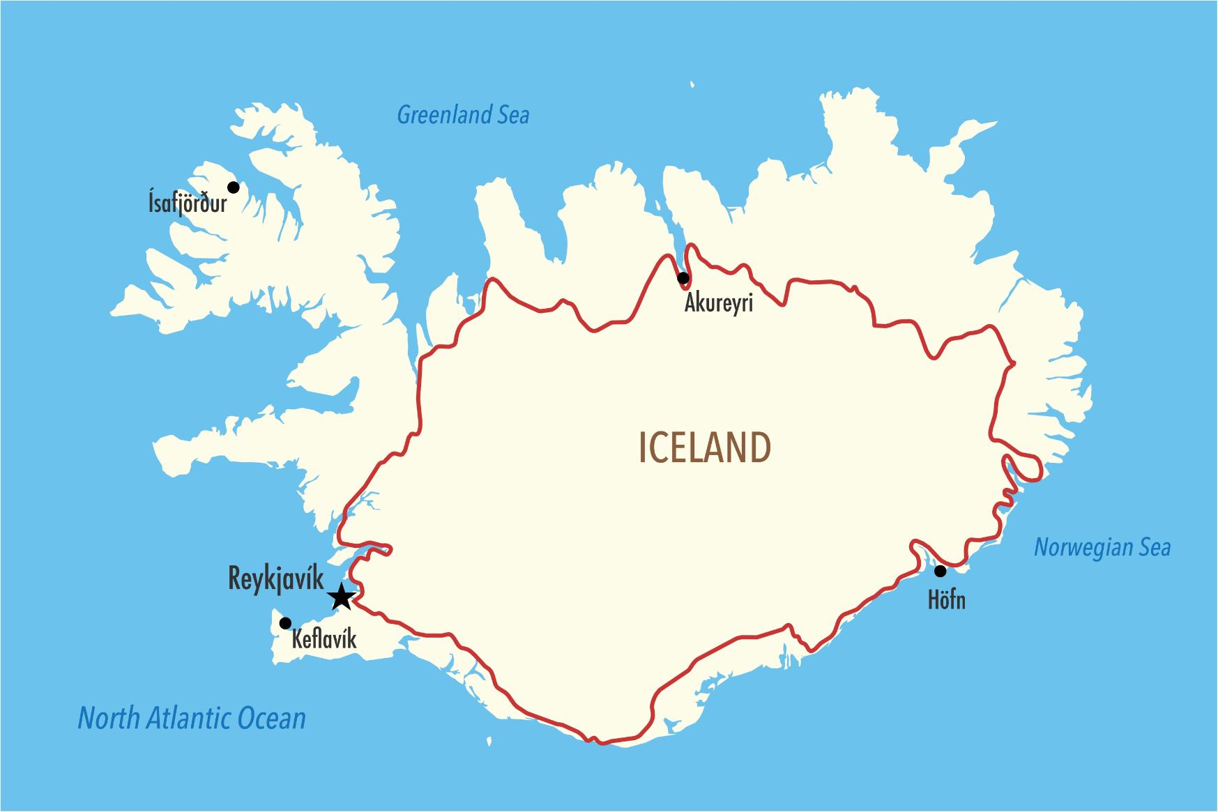 Stazioni di ricarica per veicoli elettrici sulla Ring Road islandese Percorso della Ring Road segnato in rosso su una mappa dell’Islanda