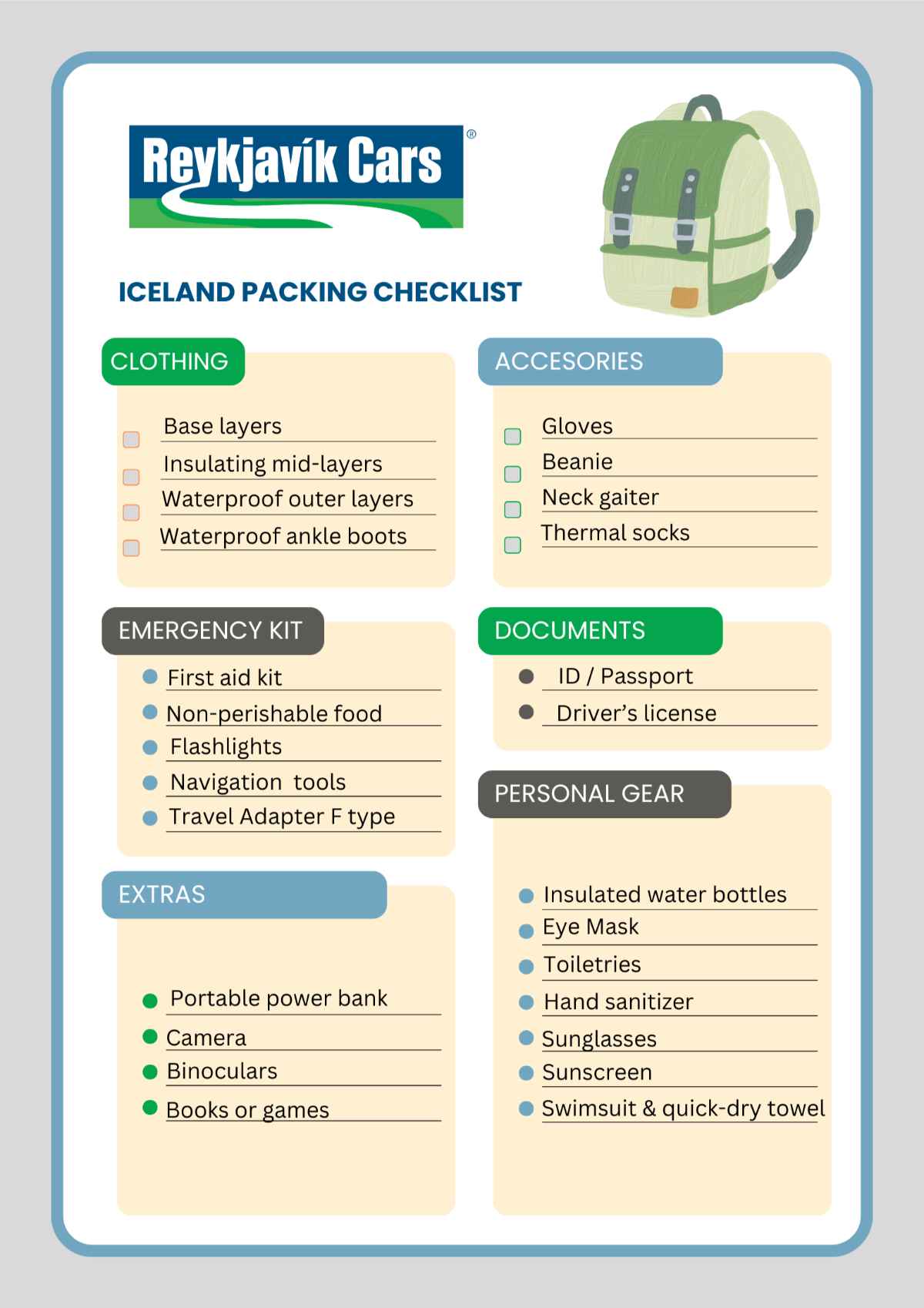 Checklist essenziale di cosa mettere in valigia per l’Islanda Checklist essenziale degli articoli da mettere in valigia per l’Islanda