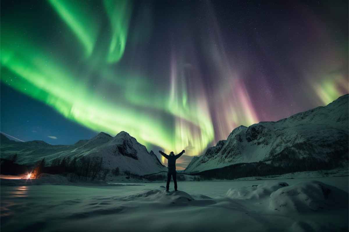 Turista che si gode l’aurora boreale in Islanda