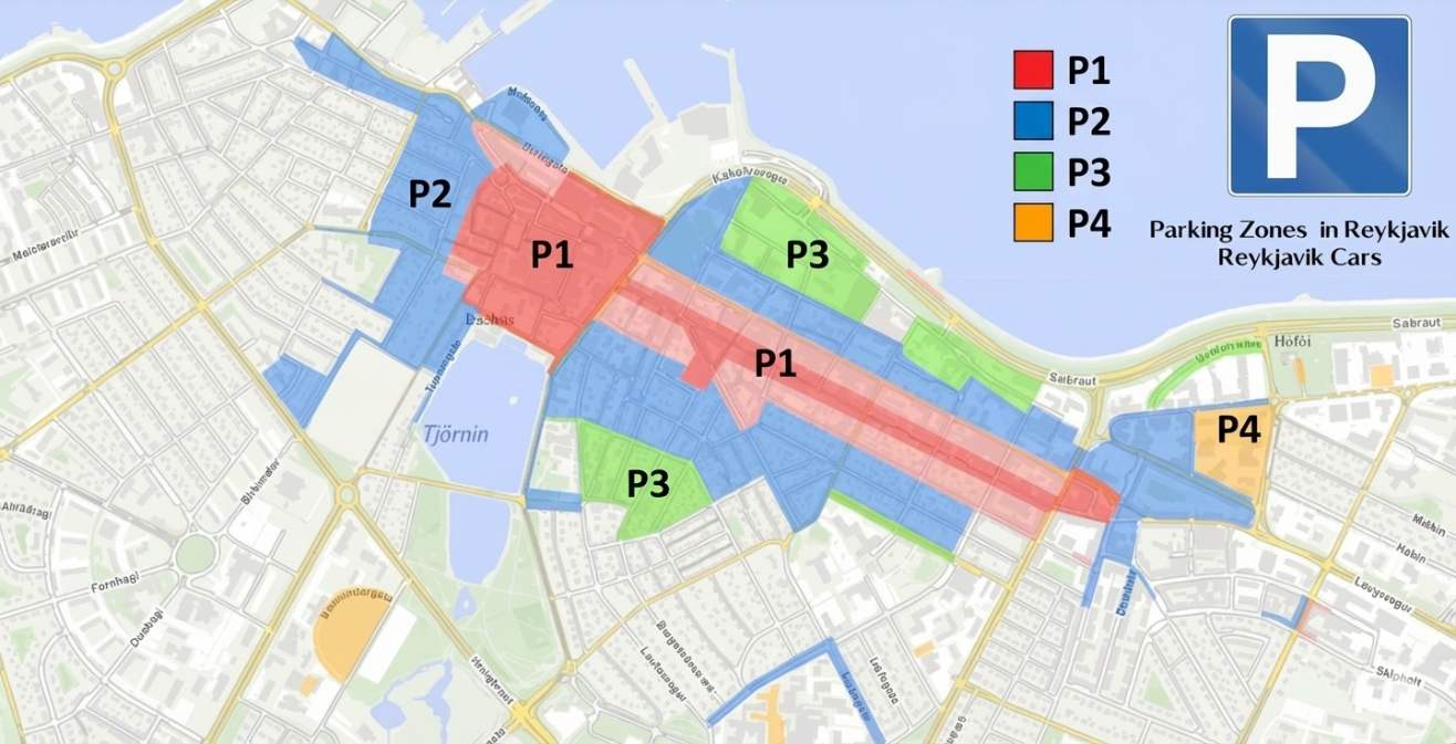 Mappa con le varie zone di parcheggio a Reykjavik contrassegnate